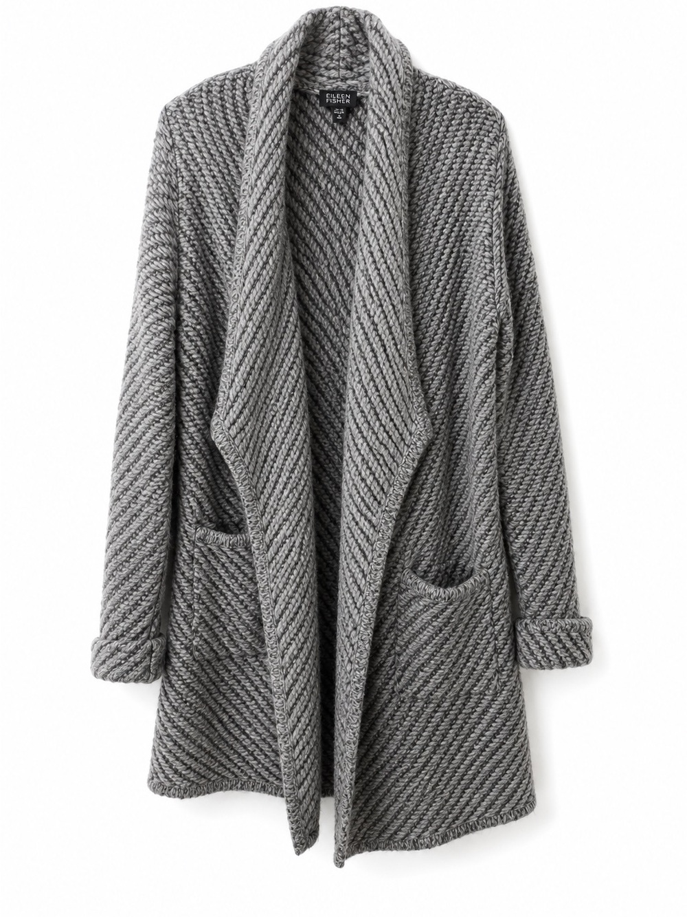 Eileen Fisher XS Gray Organic Wool Alpaca Chunky Knit Open Front Cardigan